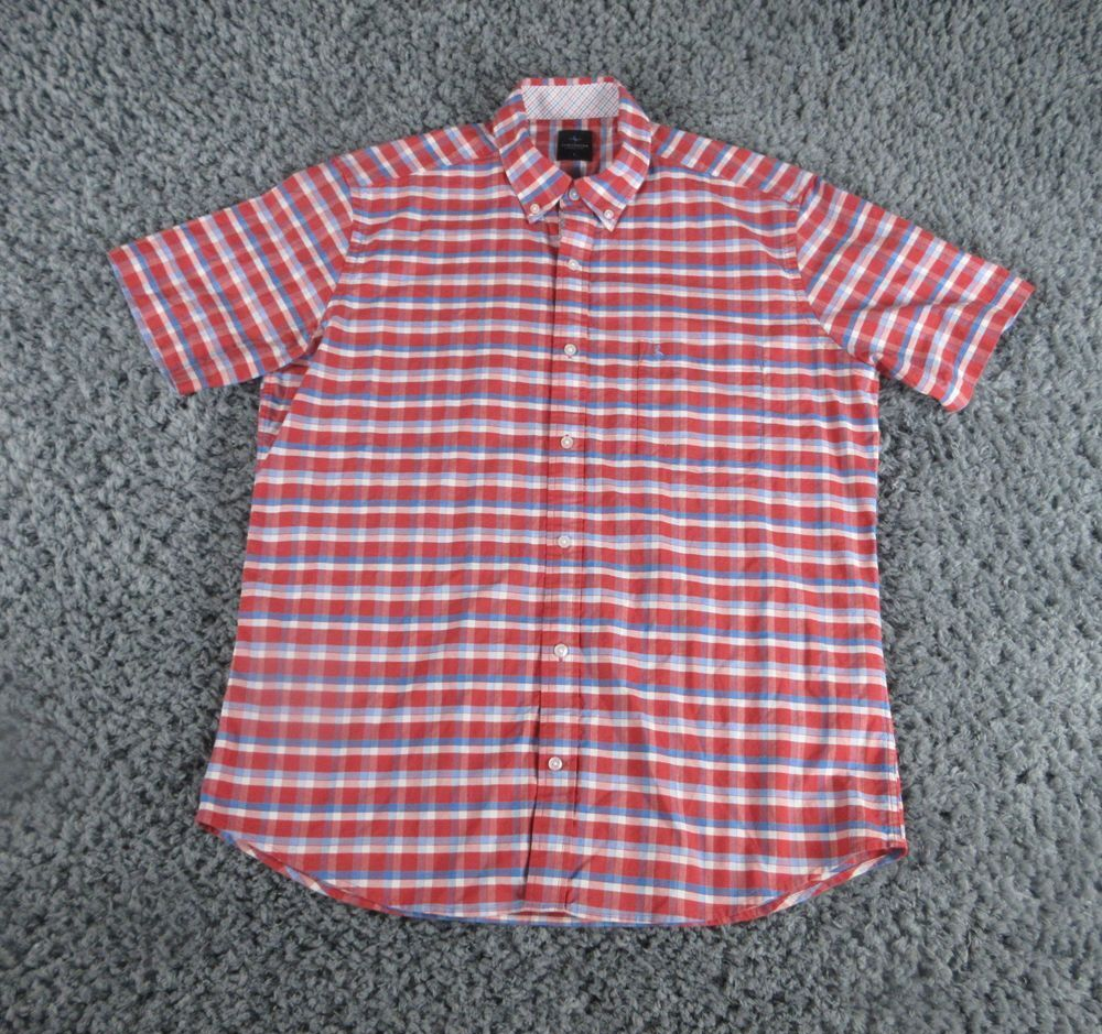 Tailorbyrd Shirt Mens Large Red Blue Plaid Short Sleeve Button Up